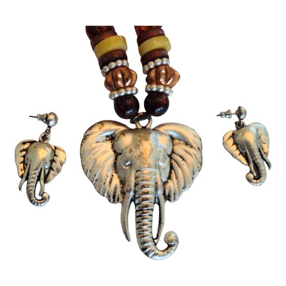 Elephant Head Statement Piece Necklace and Earrings Set Safari Bama Pride - Picture 1 of 12